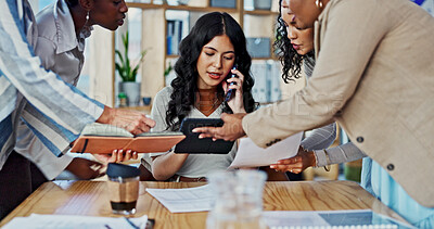 Buy stock photo Business woman, phone call and multitask with hands in office at startup, deadline and time management. Person, group and tablet with smartphone for networking, notes and contact at creative agency