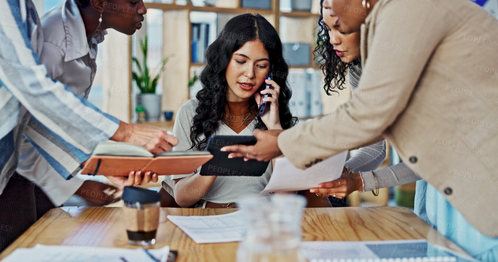 Buy stock photo Business woman, phone call and multitask with hands in office at startup, deadline and time management. Person, group and tablet with smartphone for networking, notes and contact at creative agency