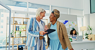 Buy stock photo Business, women and laugh with tablet in office on social media, funny joke and creative proposal. People, teamwork and digital for meme search, schedule update and company report of project progress