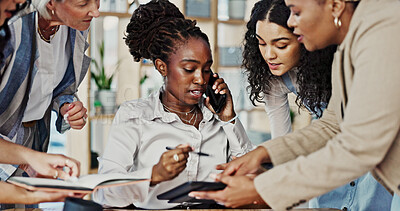 Buy stock photo Management, multitask and phone call with business people in office for approval or communication. Documents, juggling and stress with employee team in workplace for administration or signature