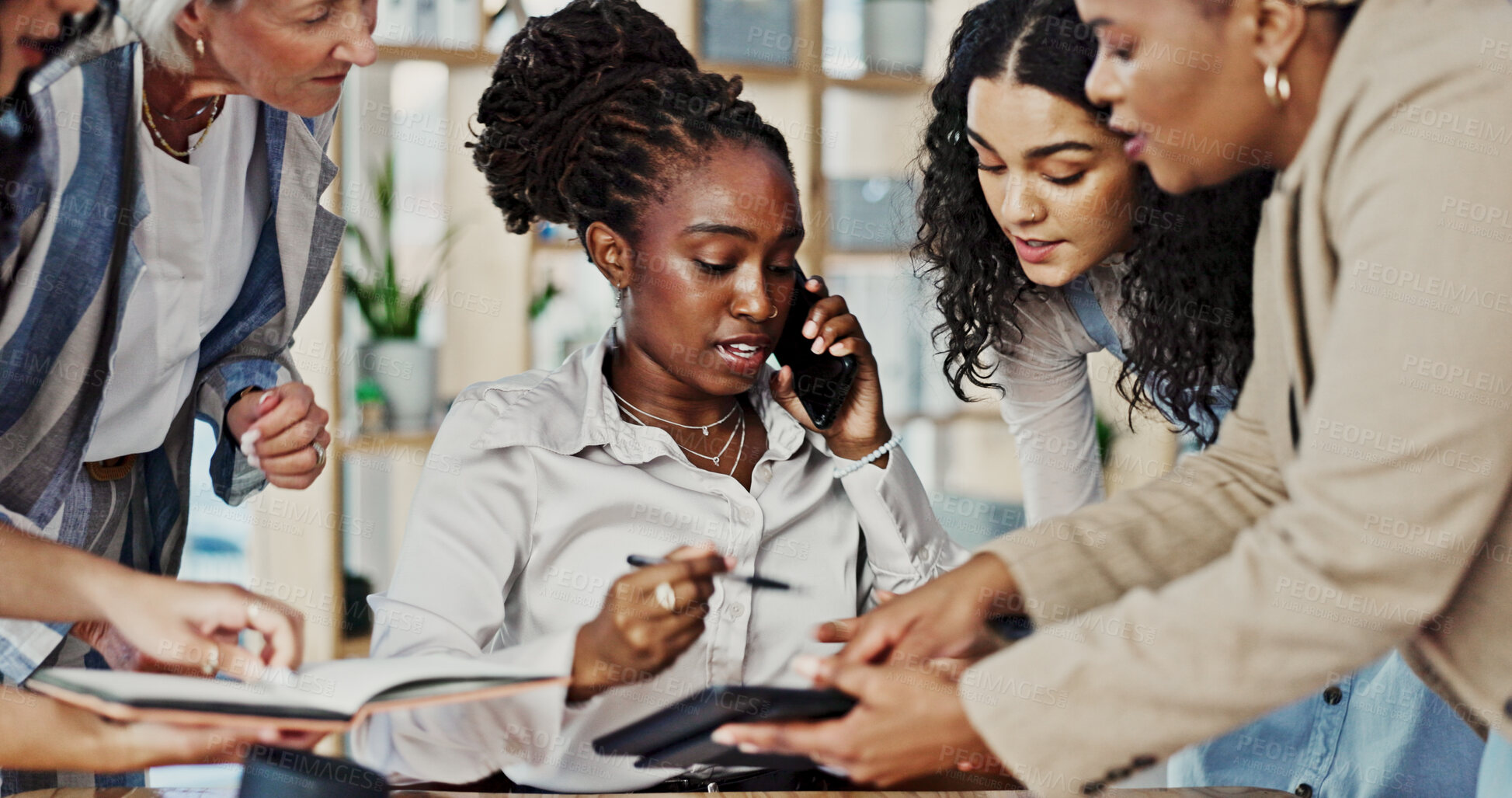 Buy stock photo Management, multitask and phone call with business people in office for approval or communication. Documents, juggling and stress with employee team in workplace for administration or signature