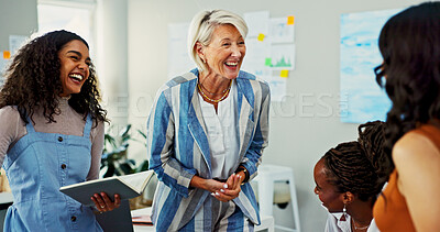 Buy stock photo Laugh, planning and business women in meeting for campaign manager, branding strategy and funny. Comedy, project analytics and brainstorming with people in office for creative startup for teamwork