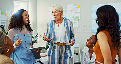 Buy stock photo Laugh, teamwork and business women in meeting for campaign manager, branding strategy and funny. Comedy, project analytics and brainstorming with people in office for creative startup for planning