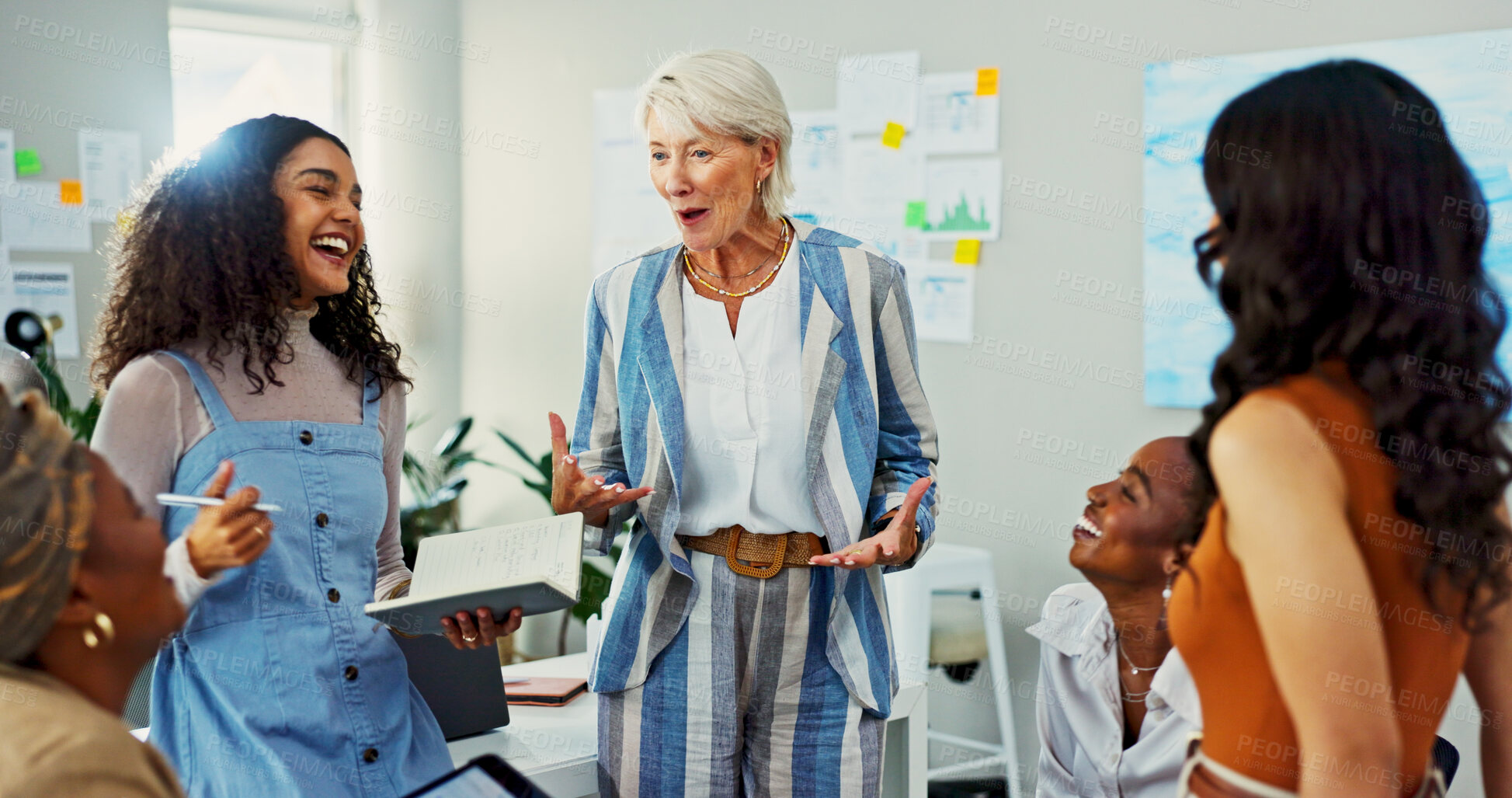 Buy stock photo Laugh, teamwork and business women in meeting for campaign manager, branding strategy and funny. Comedy, project analytics and brainstorming with people in office for creative startup for planning