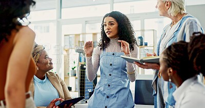 Buy stock photo Collaboration, planning and project management with business women in office for discussion. Creative, design and explain with employee group in workplace for assignment, delegation or tasks