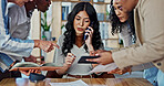 Business woman, phone call and time management with hands in office at startup, deadline and conversation. Person, group and tablet with smartphone for networking, notes or contact at creative agency