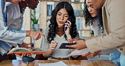 Buy stock photo Business woman, phone call and time management with hands in office at startup, deadline and conversation. Person, group and tablet with smartphone for networking, notes or contact at creative agency