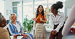 Teamwork, funny and business women in meeting for campaign manager, branding strategy and laughing. Comic feedback, project pitch and brainstorming with people in office for creative startup