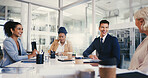Discussion, business people and group laugh in office for funny joke, idea or investment story. Happy team, strategy or meeting with finance manager planning, brainstorming or conversation for profit