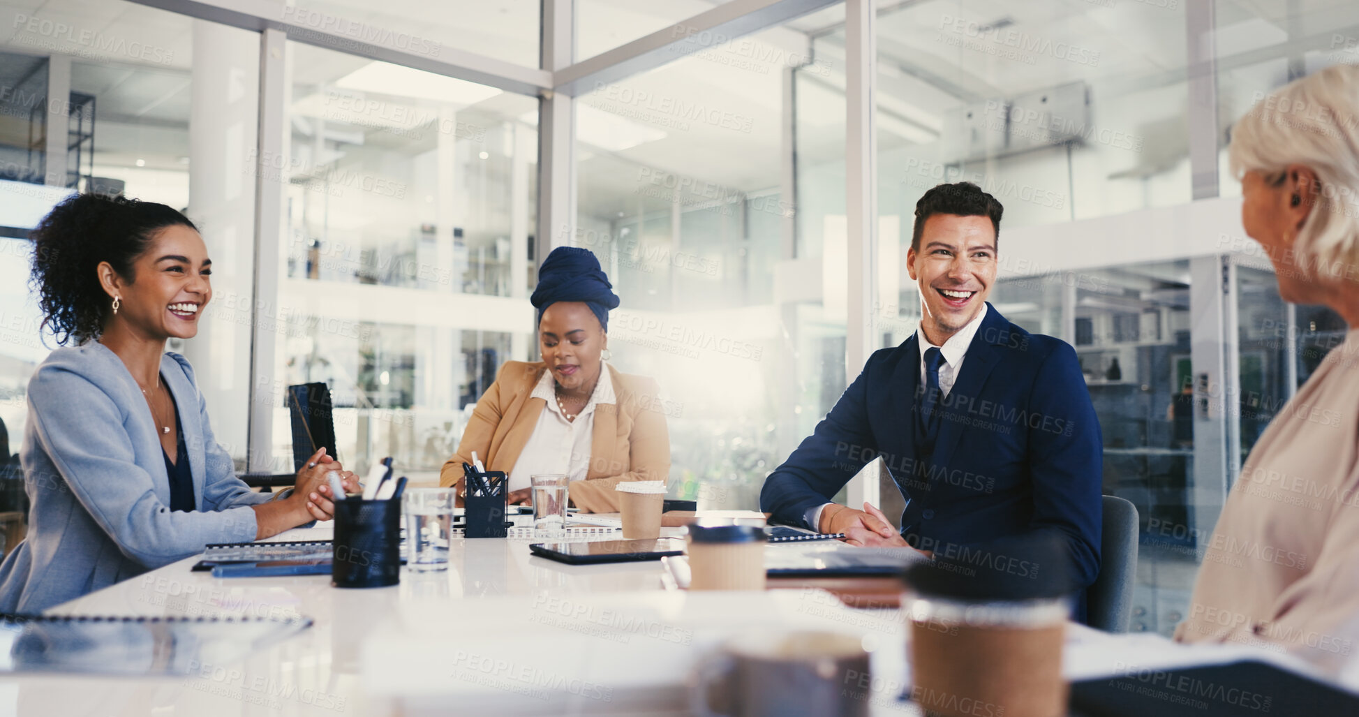 Buy stock photo Discussion, business people and group laugh in office for funny joke, idea or investment story. Happy team, strategy or meeting with finance manager planning, brainstorming or conversation for profit