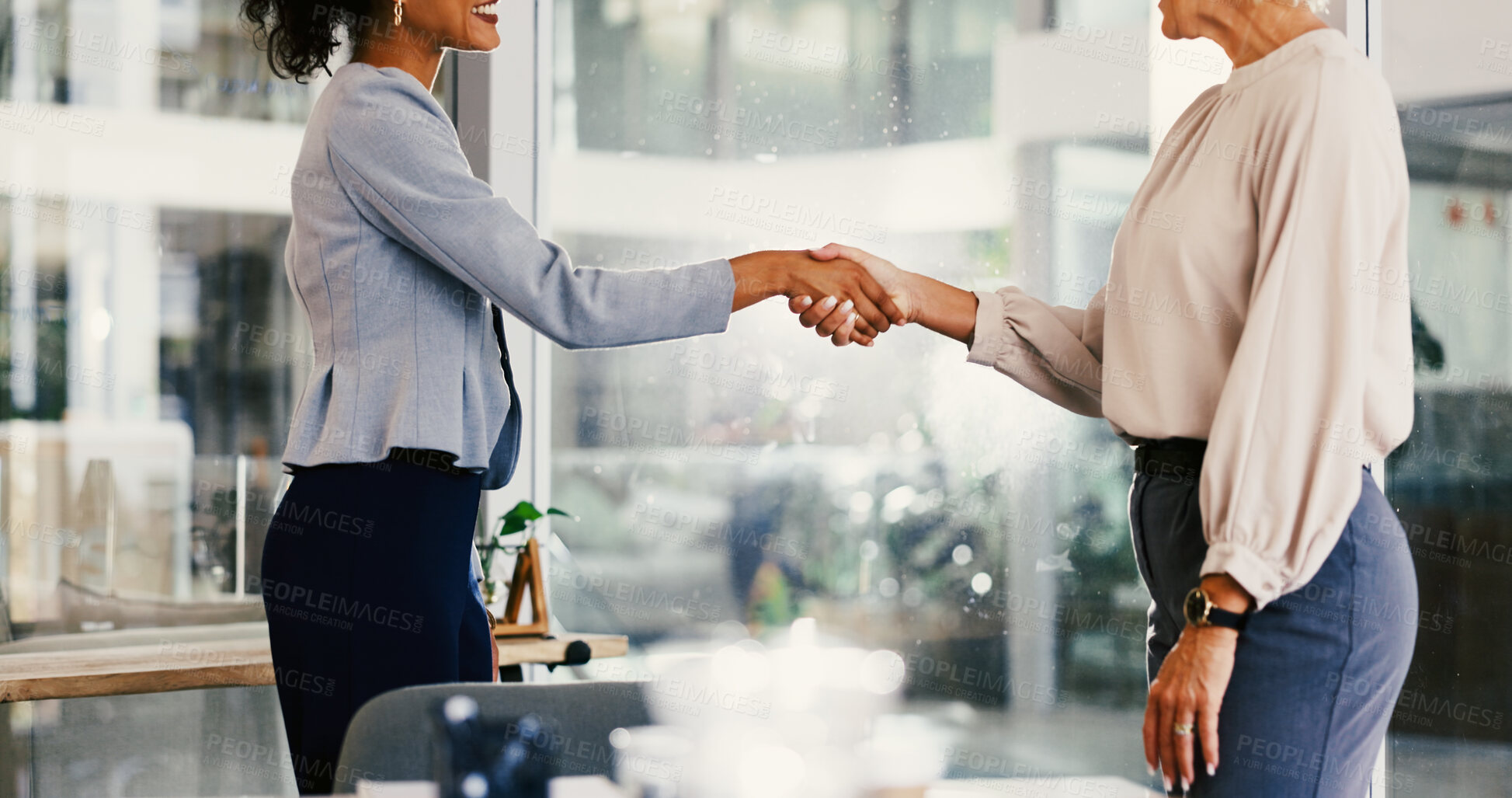 Buy stock photo Deal, handshake and partnership with business women in office together for b2b agreement. Meeting, thank you and welcome with employee people shaking hands in professional workplace for collaboration
