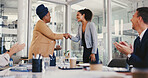 Shaking hands, meeting and business women in office with company deal, contract or merger. Negotiation, corporate partnership and female manager with employee for thank you handshake in workplace.