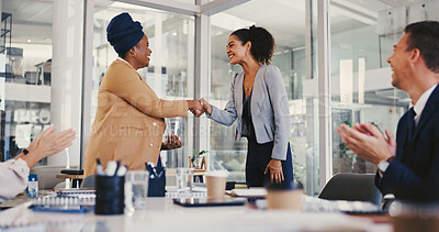 Buy stock photo Shaking hands, meeting and business women in office with company deal, contract or merger. Negotiation, corporate partnership and female manager with employee for thank you handshake in workplace.