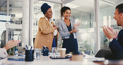 Buy stock photo Business people, celebration and woman with trophy, smile and applause for recognition. Person, employees and consultant in office, kpi target and goals with thank you, award ceremony and achievement