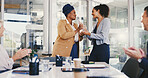 Business people, celebration and woman with award, success and applause for recognition. Person, employees and consultant in workplace, kpi target and smile with thank you, promotion and achievement