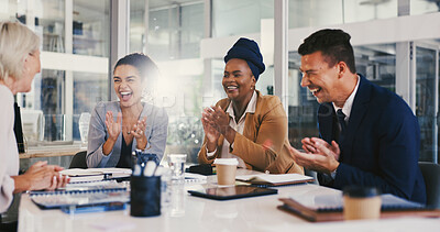 Buy stock photo Applause, celebration and teamwork with business people in meeting for project approval, achievement and deal. Promotion, congratulation and revenue growth with employees in office for profit bonus