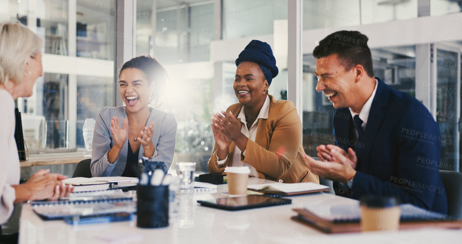Buy stock photo Applause, celebration and teamwork with business people in meeting for project approval, achievement and deal. Promotion, congratulation and revenue growth with employees in office for profit bonus