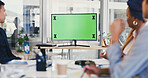 Green screen, monitor or group of business people in presentation for workplace development. Mockup space, video call or computer with tracking markers for employees, meeting or display in webinar
