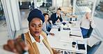 Business people, planning and woman in office, whiteboard and feedback for company growth. Employees, brainstorming and leader in workplace, ideas and meeting for stats, writing and review proposal