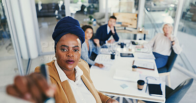 Buy stock photo Business people, planning and woman in office, whiteboard and feedback for company growth. Employees, brainstorming and above of leader, ideas and meeting for stats, writing and review proposal