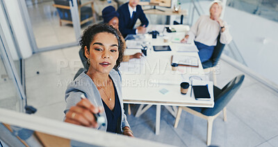 Buy stock photo Business people, brainstorming and woman in workplace, whiteboard and planning for company growth. Employees, writing and group with ideas, support and meeting for feedback, stats and review proposal