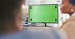 Green screen, computer or video call with business people in meeting for workplace development. Mockup space, office or monitor with tracking markers for employees, presentation or display in webinar