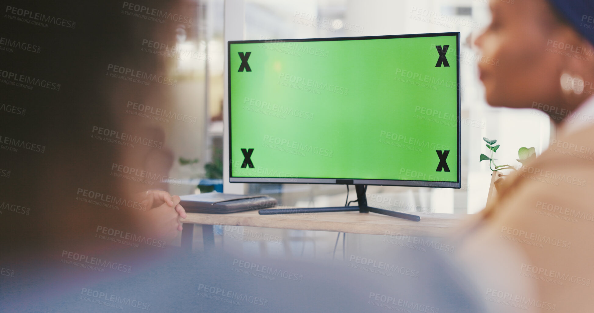 Buy stock photo Green screen, computer or video call with business people in meeting for workplace development. Mockup space, office or monitor with tracking markers for employees, presentation or display in webinar