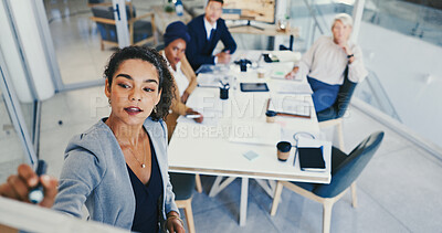 Buy stock photo Business people, brainstorming and woman with whiteboard, above and planning for company growth. Employees, group and ideas in workshop, training and meeting for feedback, writing and review proposal