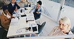Business people, presentation and woman in office, whiteboard and planning for company growth. Employees, training and group in workplace, writing and meeting for feedback, stats and review proposal