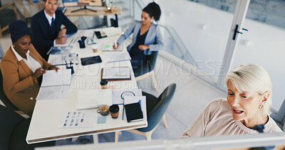 Buy stock photo Business people, presentation and woman in office, whiteboard and planning for company growth. Employees, training and group in workplace, writing and meeting for feedback, stats and review proposal
