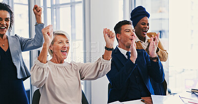 Buy stock photo Clapping hands, achievement and business people in office with teamwork, success or collaboration. Happy, celebration and financial advisors cheering for company investment approval in workplace.