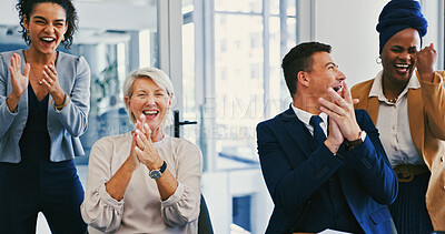 Buy stock photo Clapping hands, celebration and business people in office with teamwork, success or collaboration. Happy, achievement and financial advisors cheering for company investment approval in workplace.