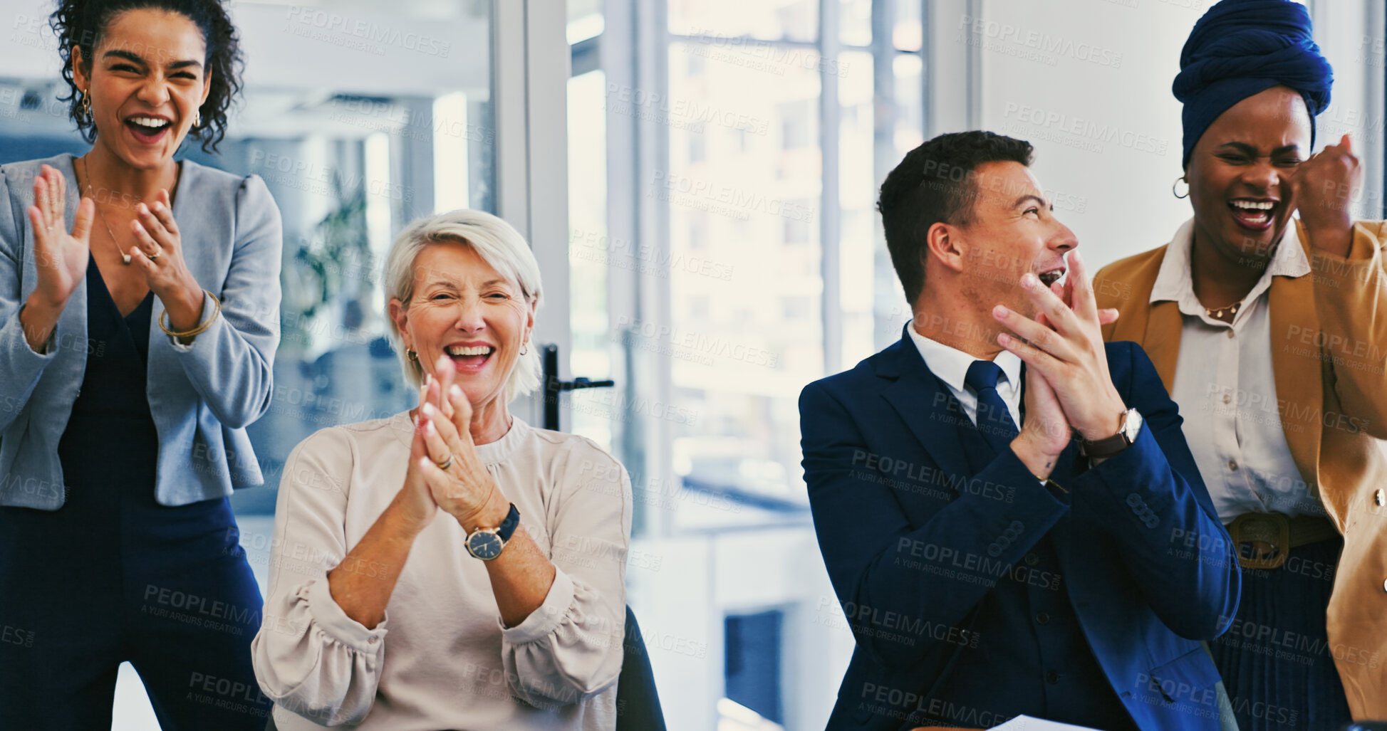 Buy stock photo Clapping hands, celebration and business people in office with teamwork, success or collaboration. Happy, achievement and financial advisors cheering for company investment approval in workplace.