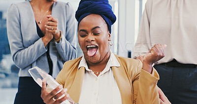 Buy stock photo Business people, celebration and woman with award, excited and ceremony for recognition. Person, employees and consultant in workplace, kpi target and trophy with expression, congrats and achievement