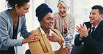 Business people, celebration and woman with award, prize and applause for recognition. Promotion, employees and consultant in workplace, kpi target and clapping with thank you, trophy and achievement