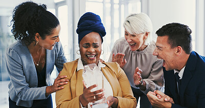 Buy stock photo Business people, celebration and woman with award, cheering and applause for recognition. Pride, happy employees or consultant in workplace, promotion and trophy with thank you, reward or achievement