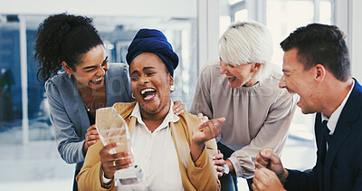Buy stock photo Business people, celebration and woman with cheering, award and applause for success. Achievement, reward ceremony and person with promotion, smile and goals with thank you, congrats and happiness