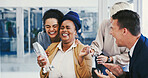 Business people, surprise and woman with award, smile and achievement with trophy. Person, employees and consultant in workplace, kpi target and goals with thank you, congrats and shocked with reward
