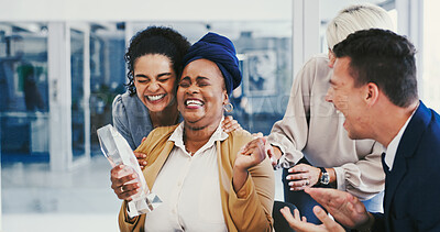 Buy stock photo Business people, surprise and woman with award, smile and achievement with trophy. Person, employees and consultant in workplace, kpi target and goals with thank you, congrats and shocked with reward