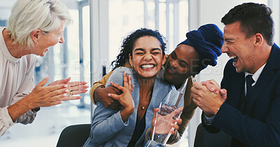 Buy stock photo Applause, support and award with business people in meeting for trophy, achievement and deal. Promotion, congratulations and celebration with group of employees in office for profit, bonus or success