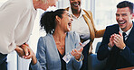 Clapping hands, collaboration and business people in office with cheering, success or achievement. Happy, celebration and financial advisor with team for applause with job promotion in workplace.