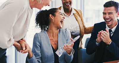 Buy stock photo Clapping hands, award and business people in office with cheering, success or good news. Happy, celebration and finance advisor with team for applause with reward for career achievement in workplace.