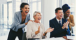 Clapping hands, teamwork and business people in office with good news, success or collaboration. Happy, celebration and financial advisors cheering for company investment approval in workplace.
