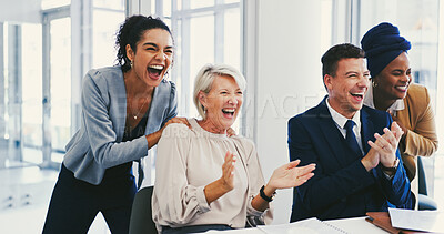 Buy stock photo Clapping hands, teamwork and business people in office with good news, success or collaboration. Happy, celebration and financial advisors cheering for company investment approval in workplace.