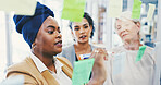 Collaboration, glass wall and writing with business women in office for planning or strategy. Brainstorming, schedule and sticky notes with employee people in workplace for discussion or management