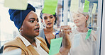 Brainstorming, glass wall and writing with business women in office for planning or strategy. Collaboration, schedule and sticky notes with employee team in workplace for discussion or management