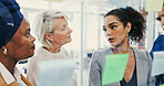 Collaboration, conversation and glass wall with business people in office for planning or strategy. Agenda, brainstorming and sticky notes with employee team in workplace for discussion or management