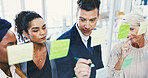 Glass wall, teamwork and writing with business people in office for planning or strategy. Brainstorming, collaboration and sticky notes with employee group in workplace for discussion or management