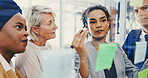 Collaboration, glass wall and planning with business people in office for discussion or strategy. Brainstorming, schedule and sticky notes with corporate team in workplace for management or mindmap