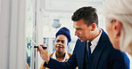 Collaboration, glass wall and writing with business people in office for planning or strategy. Brainstorming, schedule and sticky notes with employee team in workplace for discussion or management
